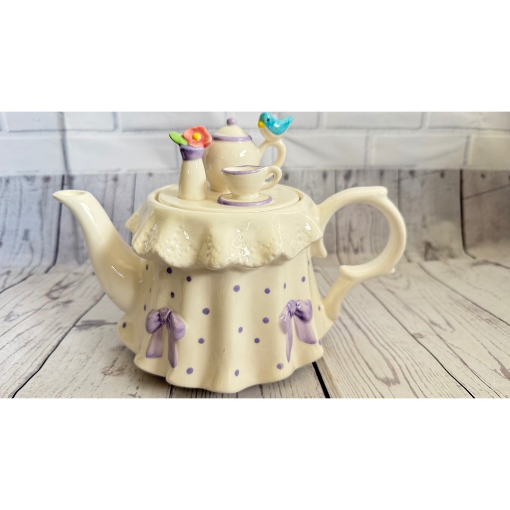 Vintage Whimsical Tea Party Ceramic Teapot Purple Polka Dot Bird Ruffle Bows